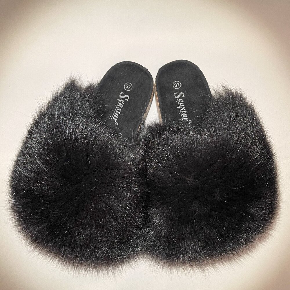 Real Fur Black Fox Slides